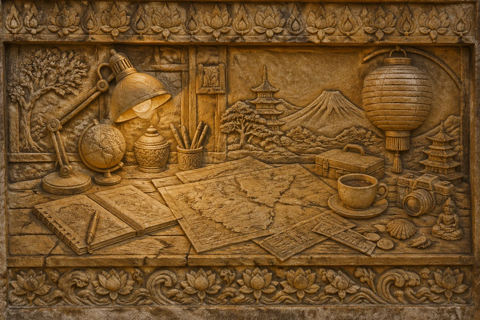Angkor bas-relief rendering: an entire desk scene carved into weathered sandstone, figures sculpted around the lamp