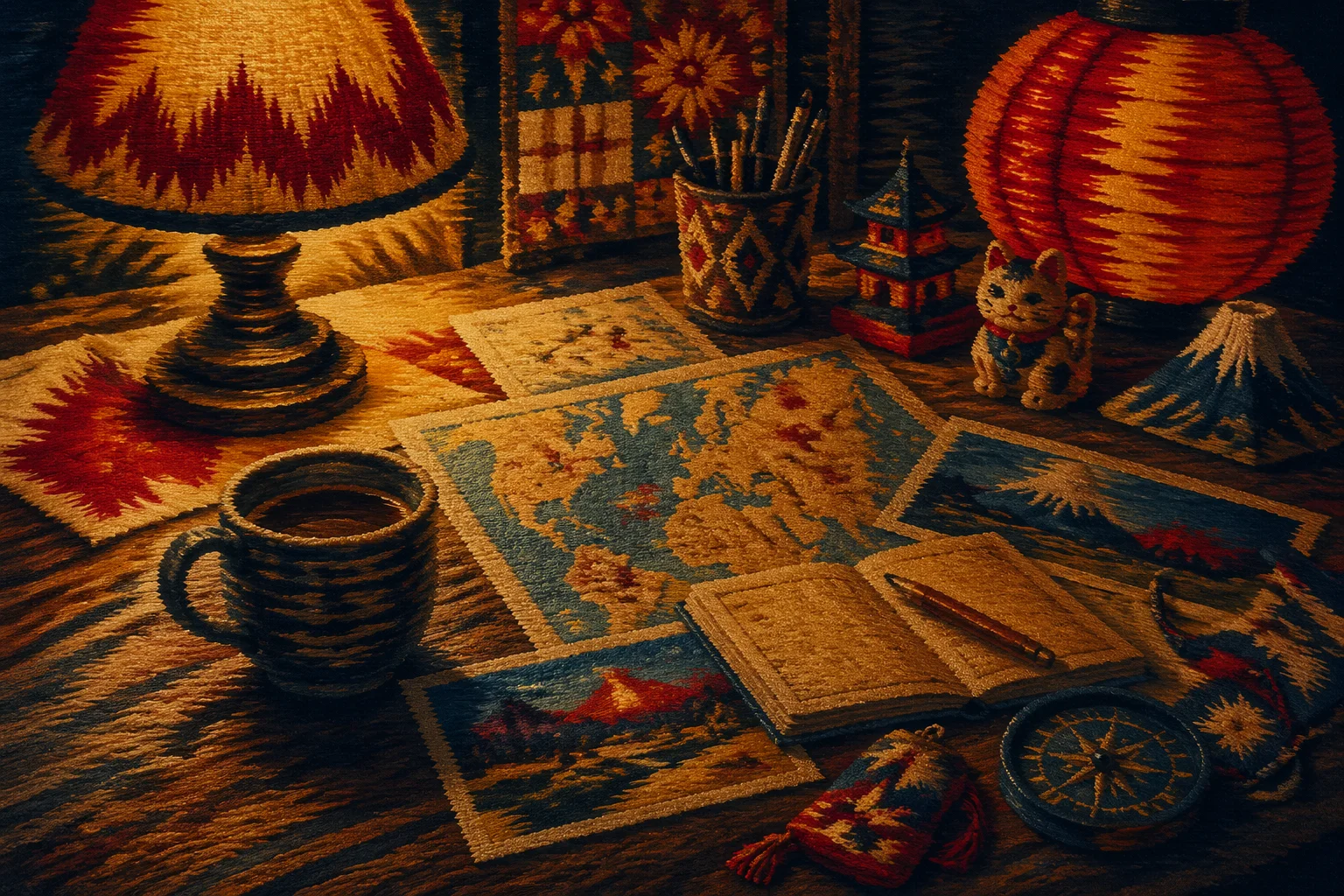 Khmer ikat weaving rendering: entire desk scene as woven textile, including the laptop screen