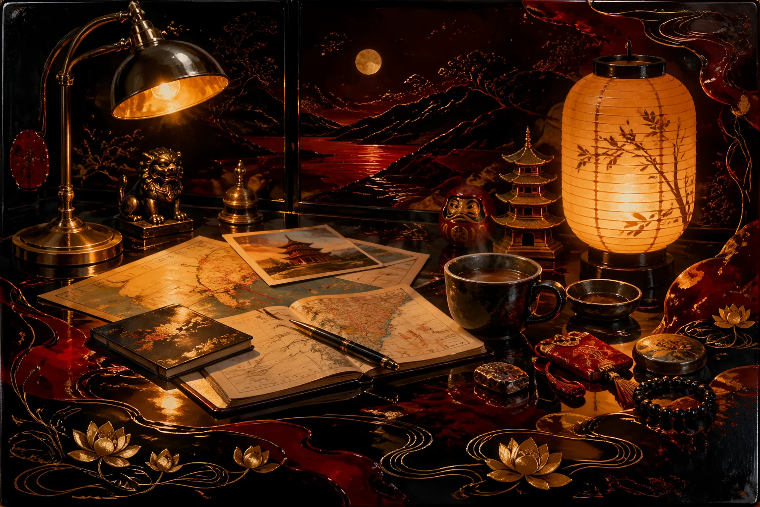 Khmer lacquerware rendering: desk scene on deep black lacquer with delicate gold leaf linework