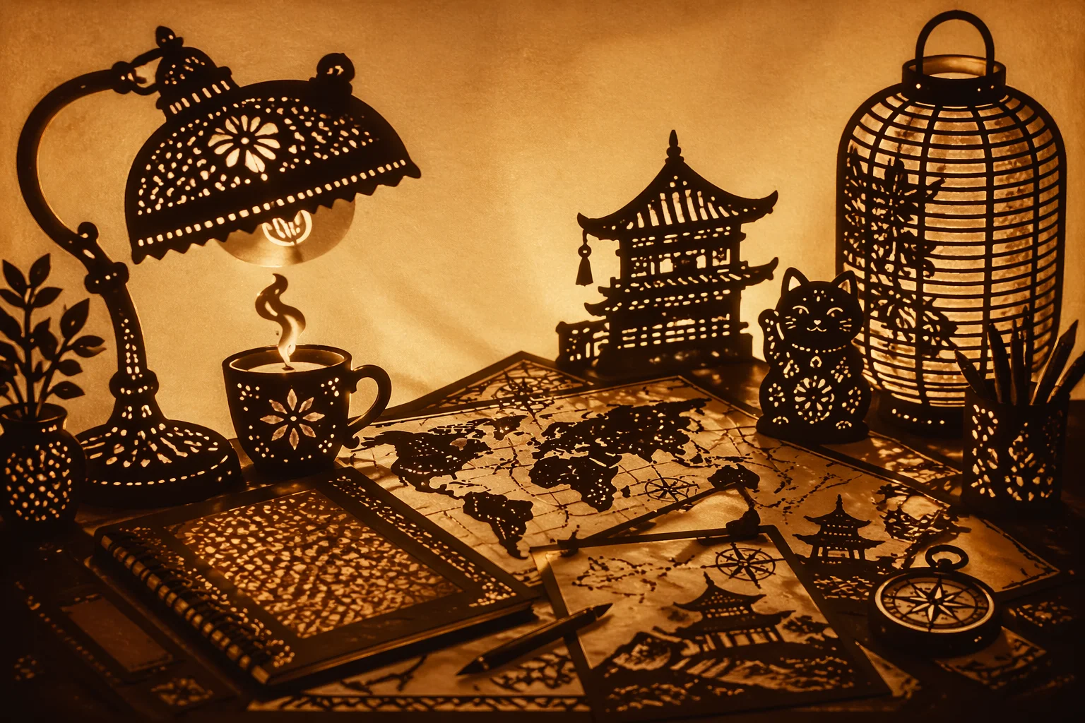 Sbek Thom shadow-puppet rendering: perforated leather silhouette of desk objects, backlit